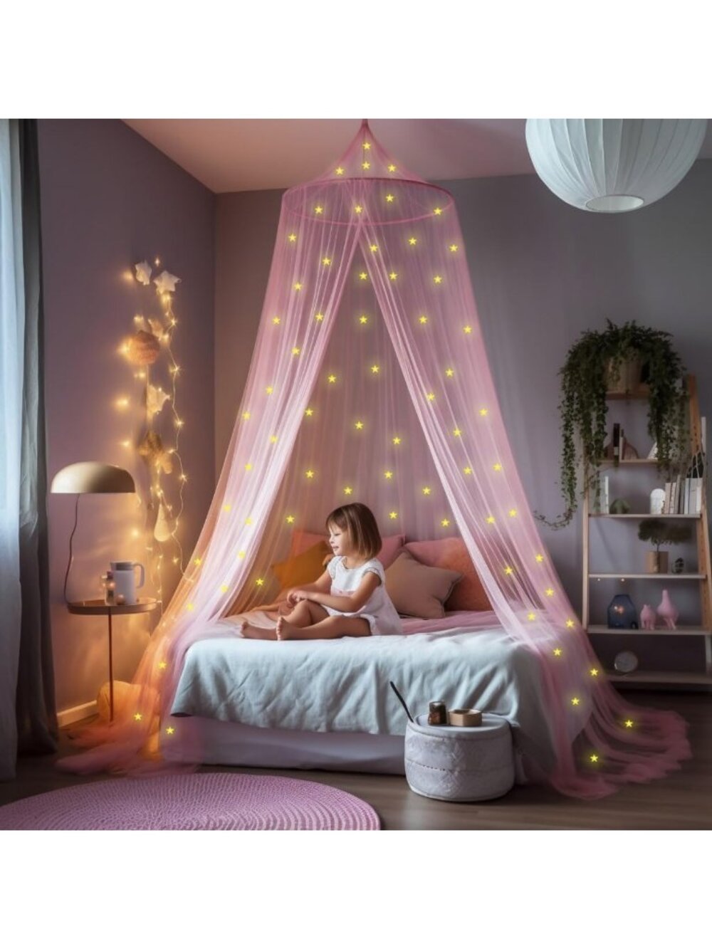 Pink Bed Canopy for Girls with Glow-in-the-Dark Stars - Dreamy Bedroom Decor